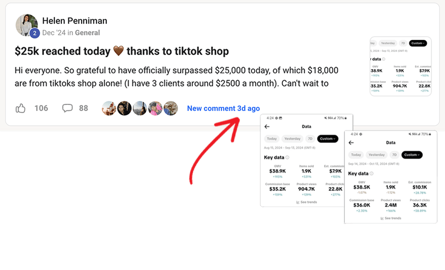 Helen Penniman: $25k reached today thanks to tiktok shop