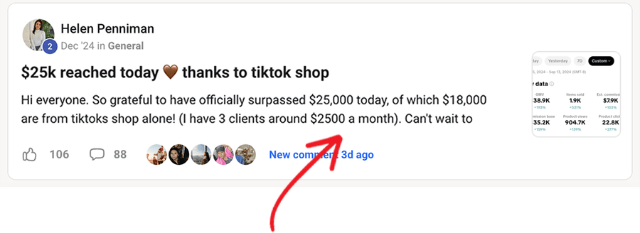 Helen Penniman: $25k reached today thanks to tiktok shop
